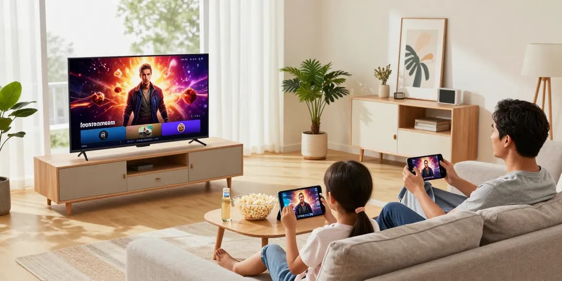 Regardez Iron TV en famille dans un salon moderne, streaming sur plusieurs écrans.