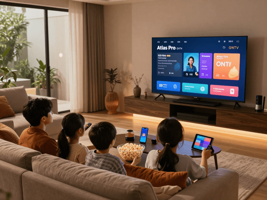 Profitez d'Atlas Pro ONTV en famille avec un large écran et une ambiance chaleureuse.