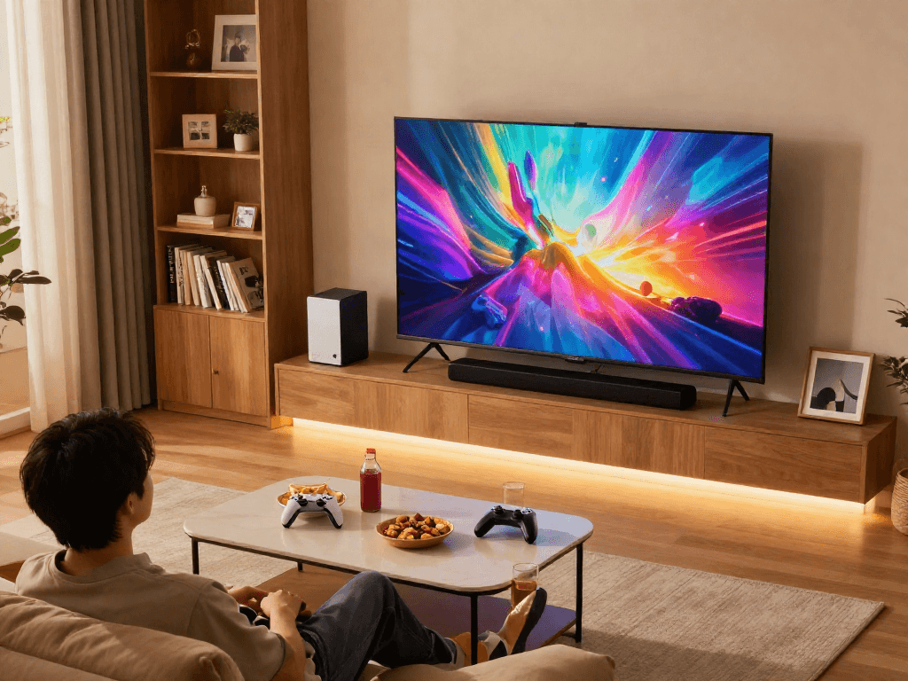 Configuration moderne de divertissement à domicile avec un écran OLED et des accessoires pour l'Atlas pro ontv.