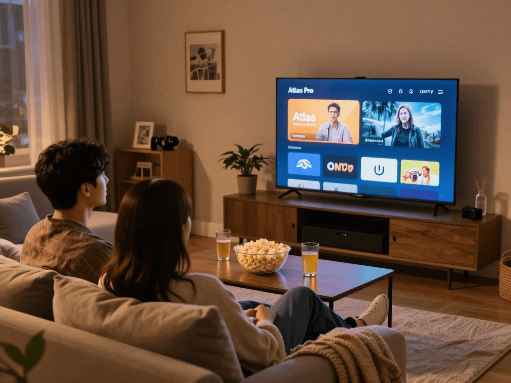 Couple utilisant l'application Atlas Pro pour regarder des émissions en direct dans leur salon confortable.